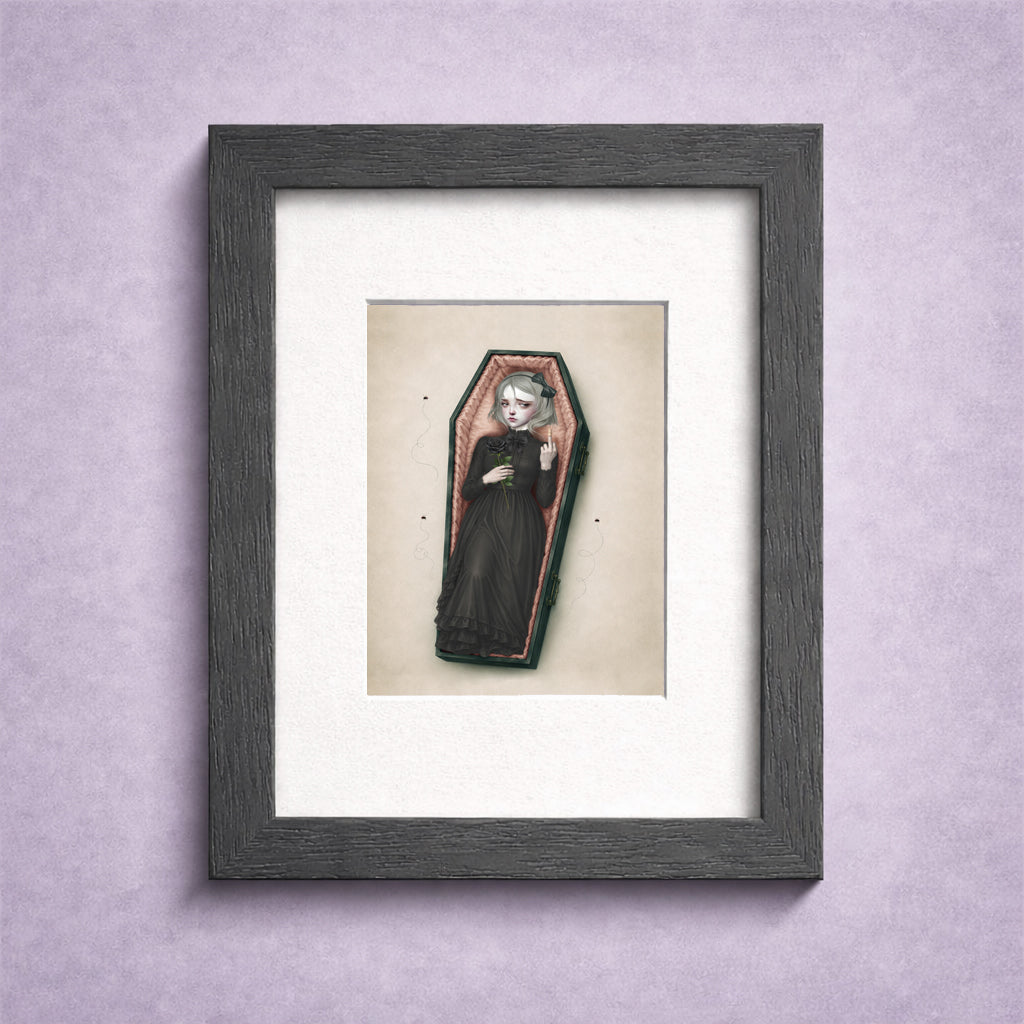 Gothic coffin girl ACEO art card in a miniature frame features a Victorian girl lay in a coffin with a wounded finger.