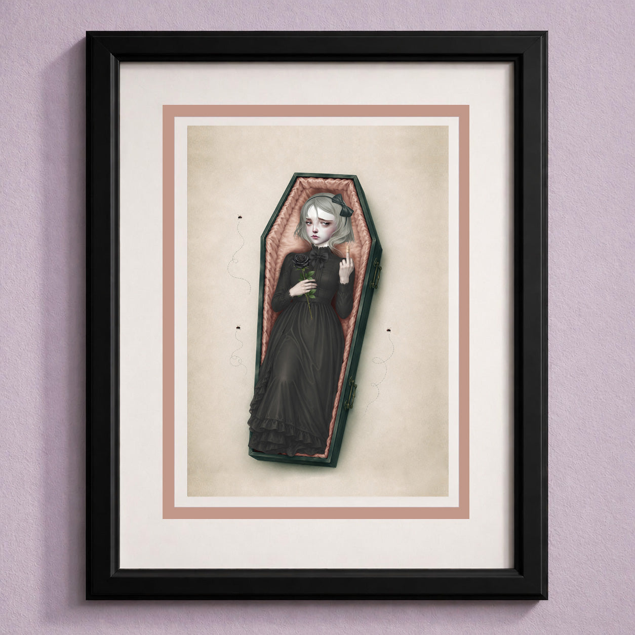 Framed  gothic coffin girl art greeting card is blank inside and perfectly sized to double as framed wall decor.
