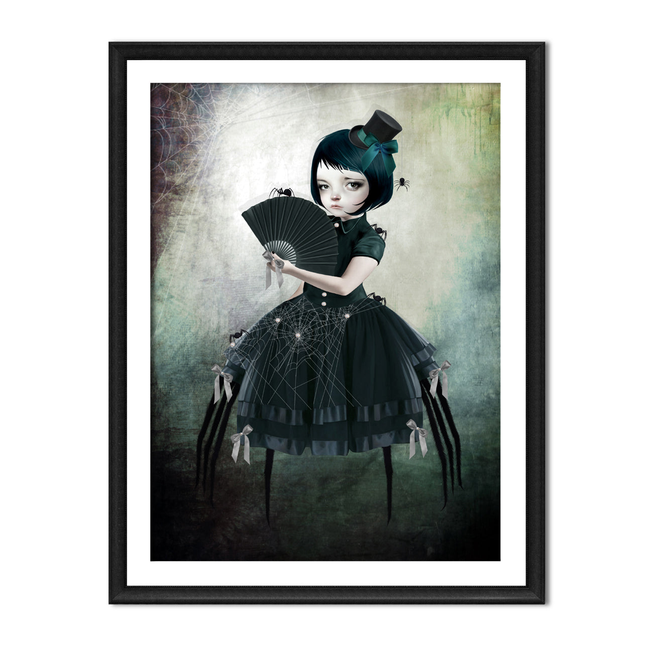 Creepy cute art print features a human-spider girl, clad in black. With her elegant merging of woman and arachnid, she is surrounded by an array of tiny spiders.
