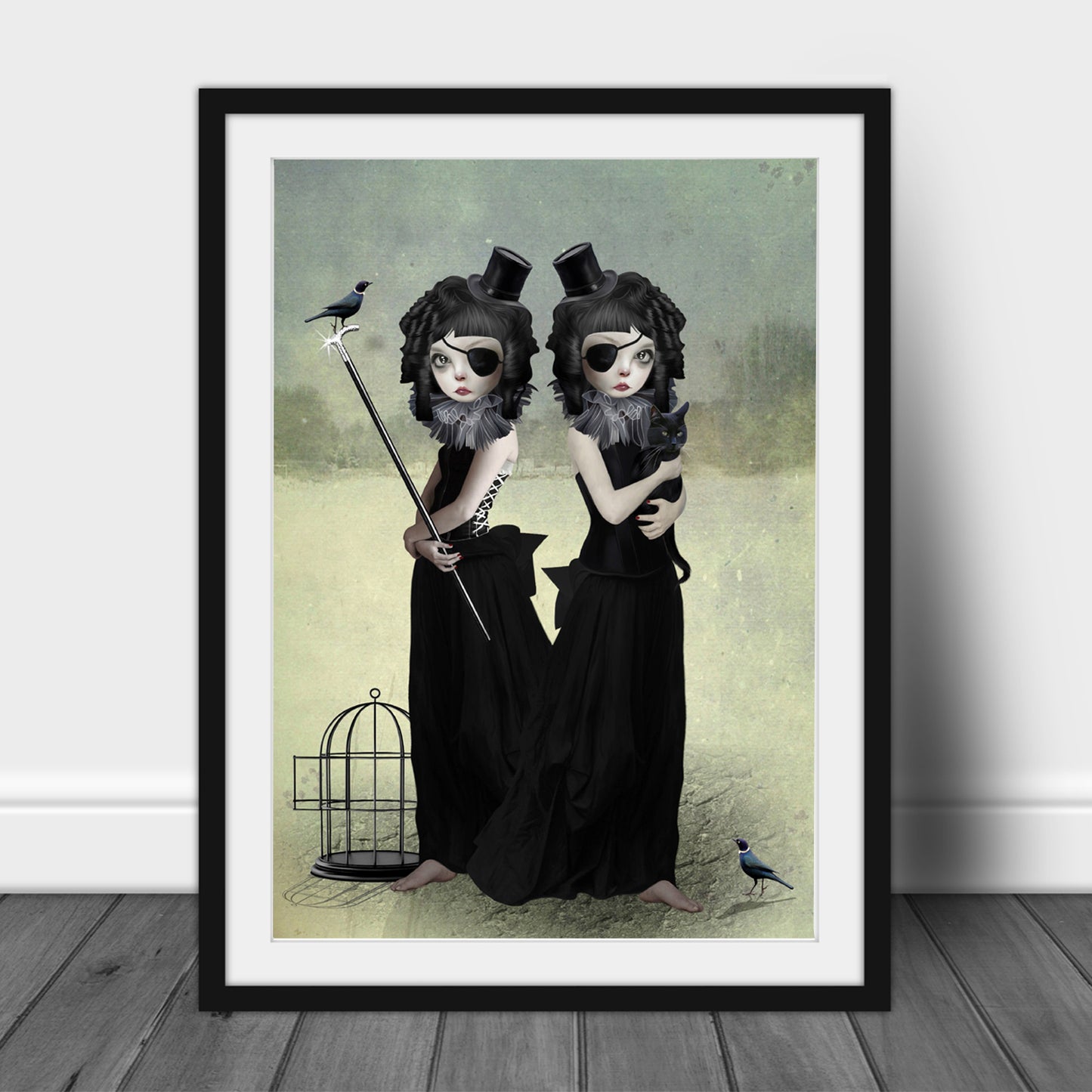 Creepy Cute Art Print. Featuring two twin sisters, one as a black cat and the other surrounded by pet blackbirds,
