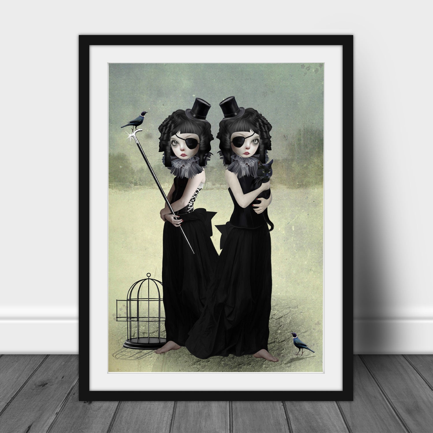Creepy Cute Art Print. Featuring two twin sisters, one as a black cat and the other surrounded by pet blackbirds,