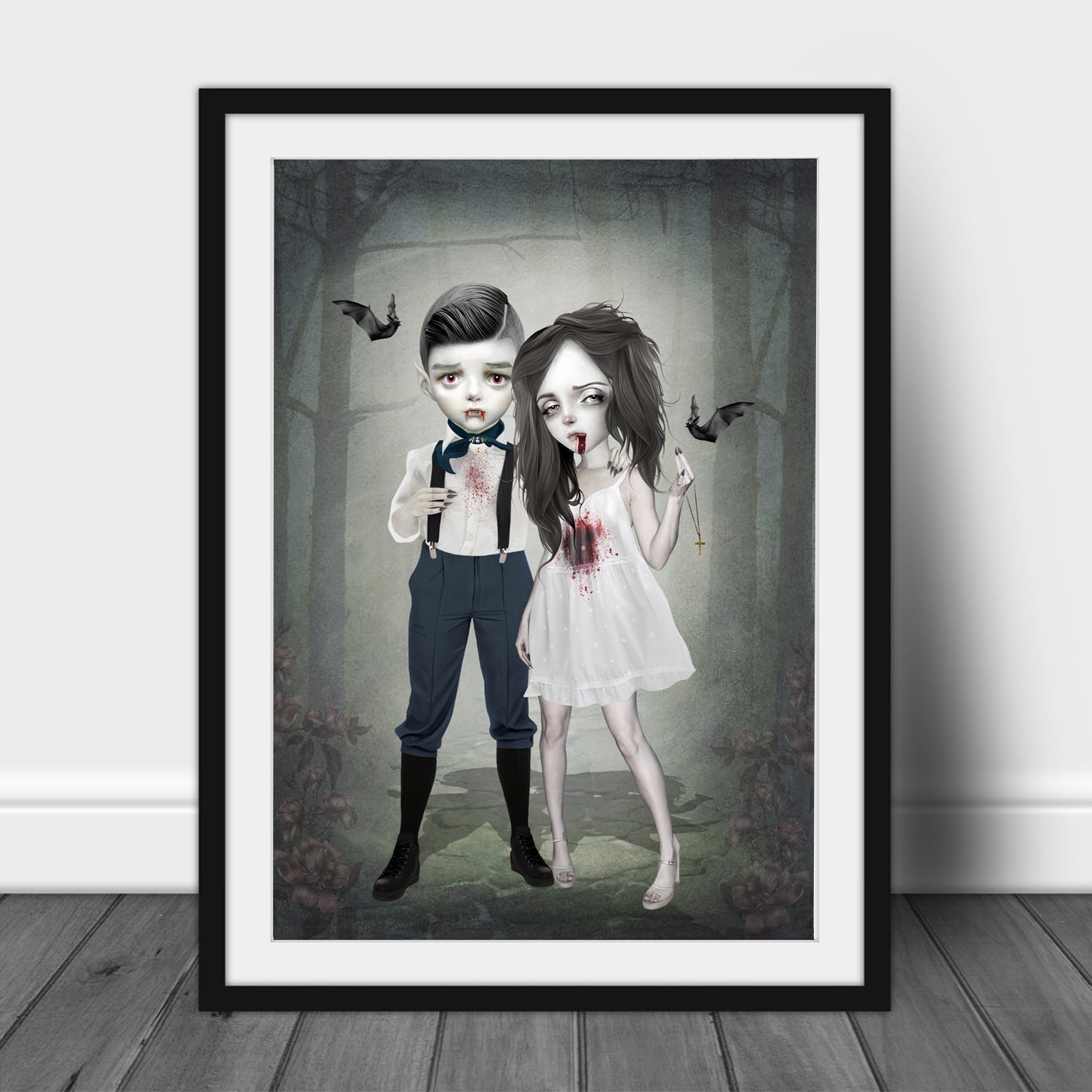 Vampire art print, image is a forever young vampire couple beneath the moonlight.