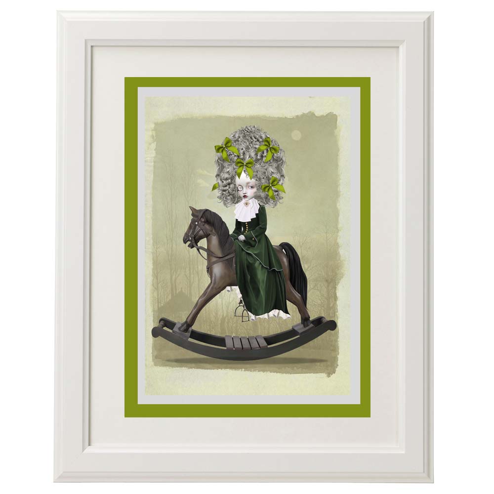 Framed rococo girl and rocking horse card – a unique, whimsical art piece for home décor.