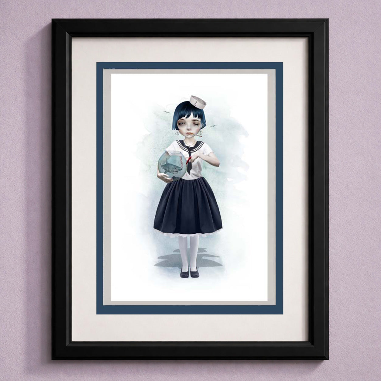 Framed art greeting card of a girl in a sailor girl and shark.