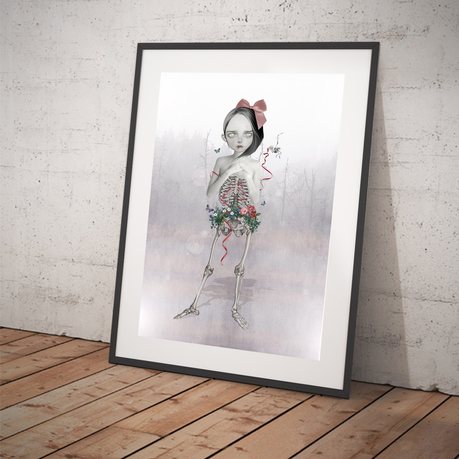 Gothic Art Print is a skeleton girl from the waist down, the girl is a hauntingly beautiful skeleton, with wild flowers blooming around her pelvis.