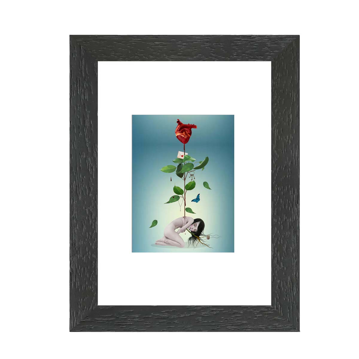 Artist trading card, a sad girl with a stem sprouting from her spine, creating an anatomical heart instead of a flower in bloom.
