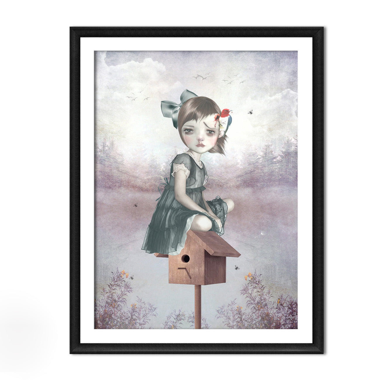 Framed surreal art print featuring a girl sitting on a birdhouse with a woodpecker pecking her head, set against a clean white background.