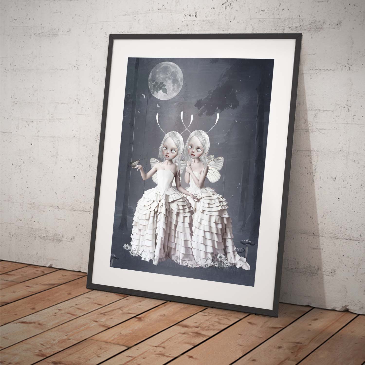 Surreal fantasy art print, image is two Moth girls in an enchanted forest, with a moth gently landing on one moth girl's hand- Framed 