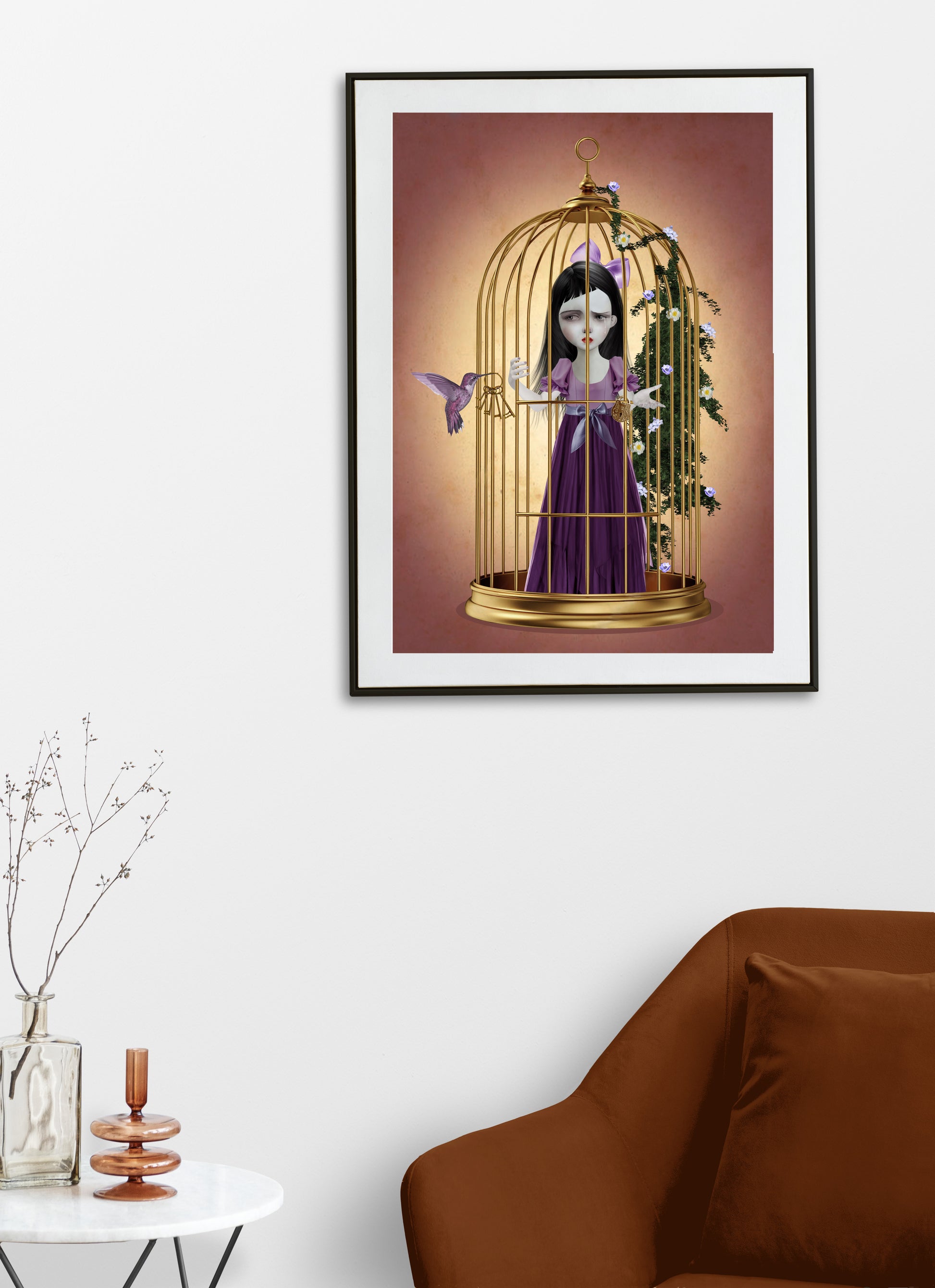 Art Print on living room wall, a girl trapped in a brass-gilded cage, an hummingbird brings the promise of liberation, providing a glimmer of hope with the key.