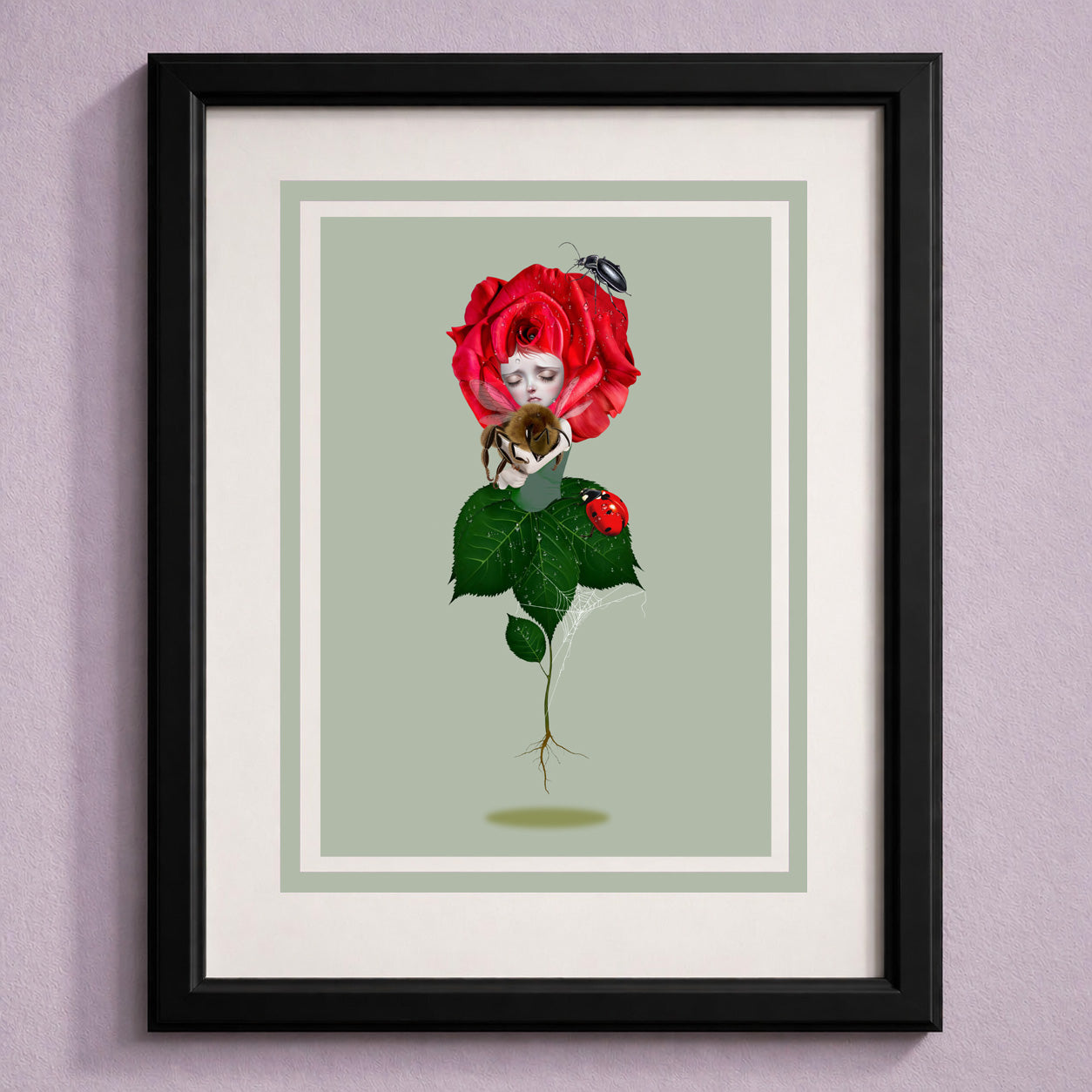 Framed surreal rose art greeting card, blank inside for your message. Beautifully illustrated with intricate insects, it doubles as a print ready to frame.