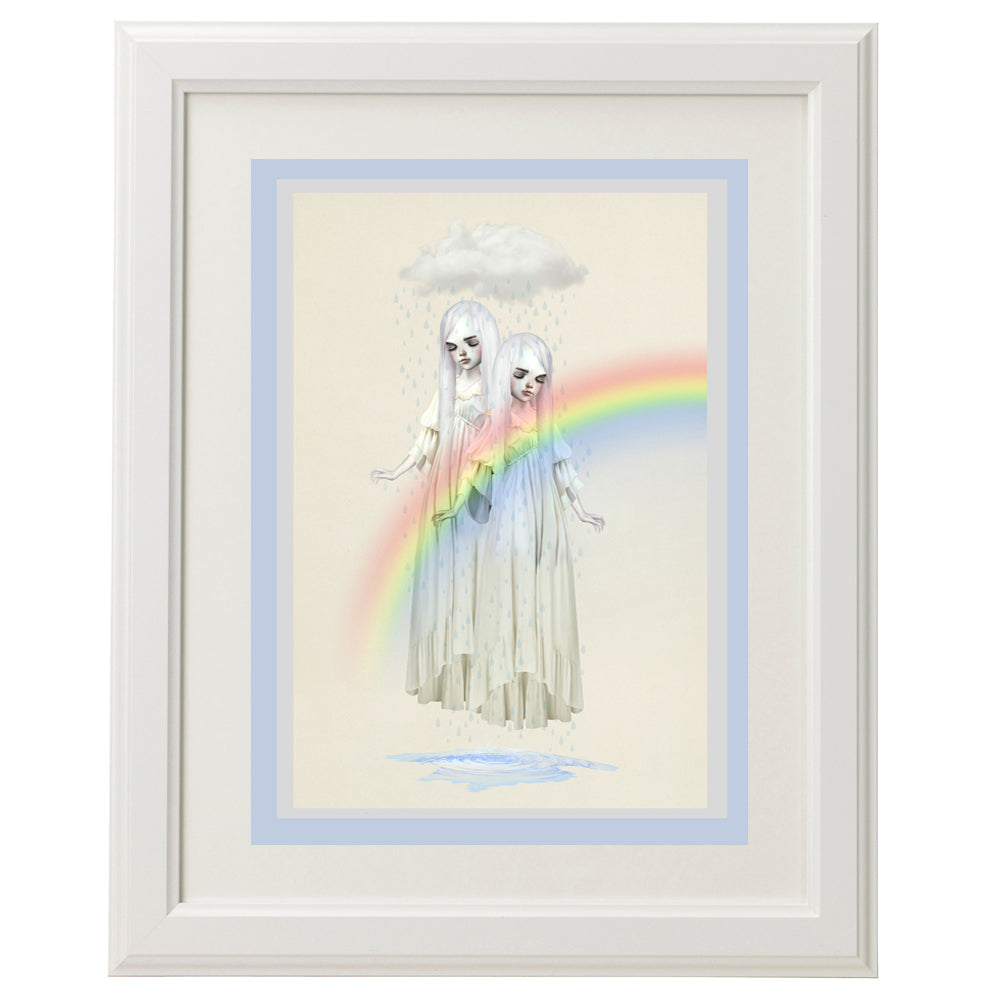 Framed twin girls beneath a rain cloud card – a unique, dark art piece for home décor.
