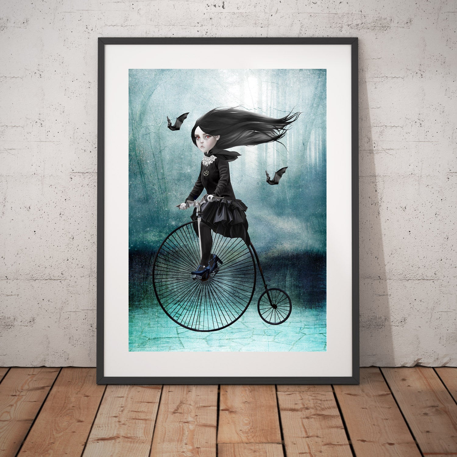 Dark Fantasy Art Print - featuring a vampire girl riding a penny farthing beneath a moonlit sky, with her bats soaring alongside her.