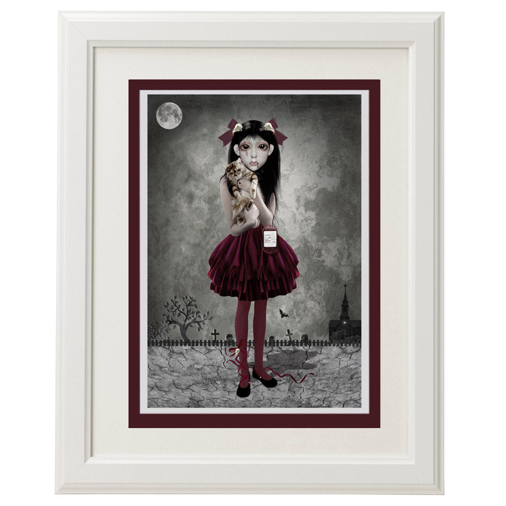Framed Vampire girl and cat card – a unique, dark art piece for home décor.