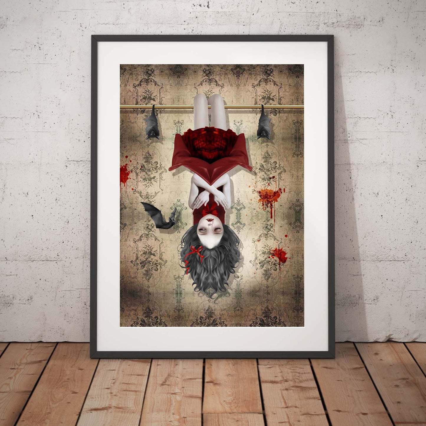 Vampire bats framed  art print features a vampire girl hanging upside down in the belfry with her loyal bats by her side.