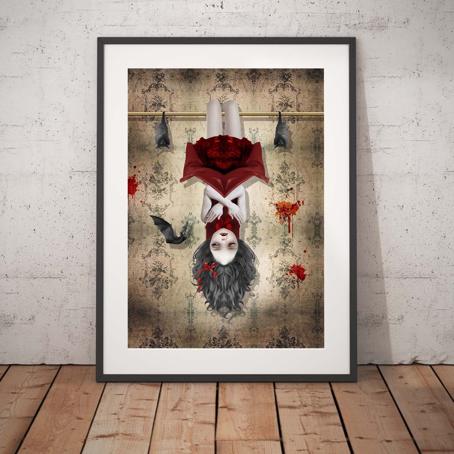 Vampire bats framed  art print features a vampire girl hanging upside down in the belfry with her loyal bats by her side.
