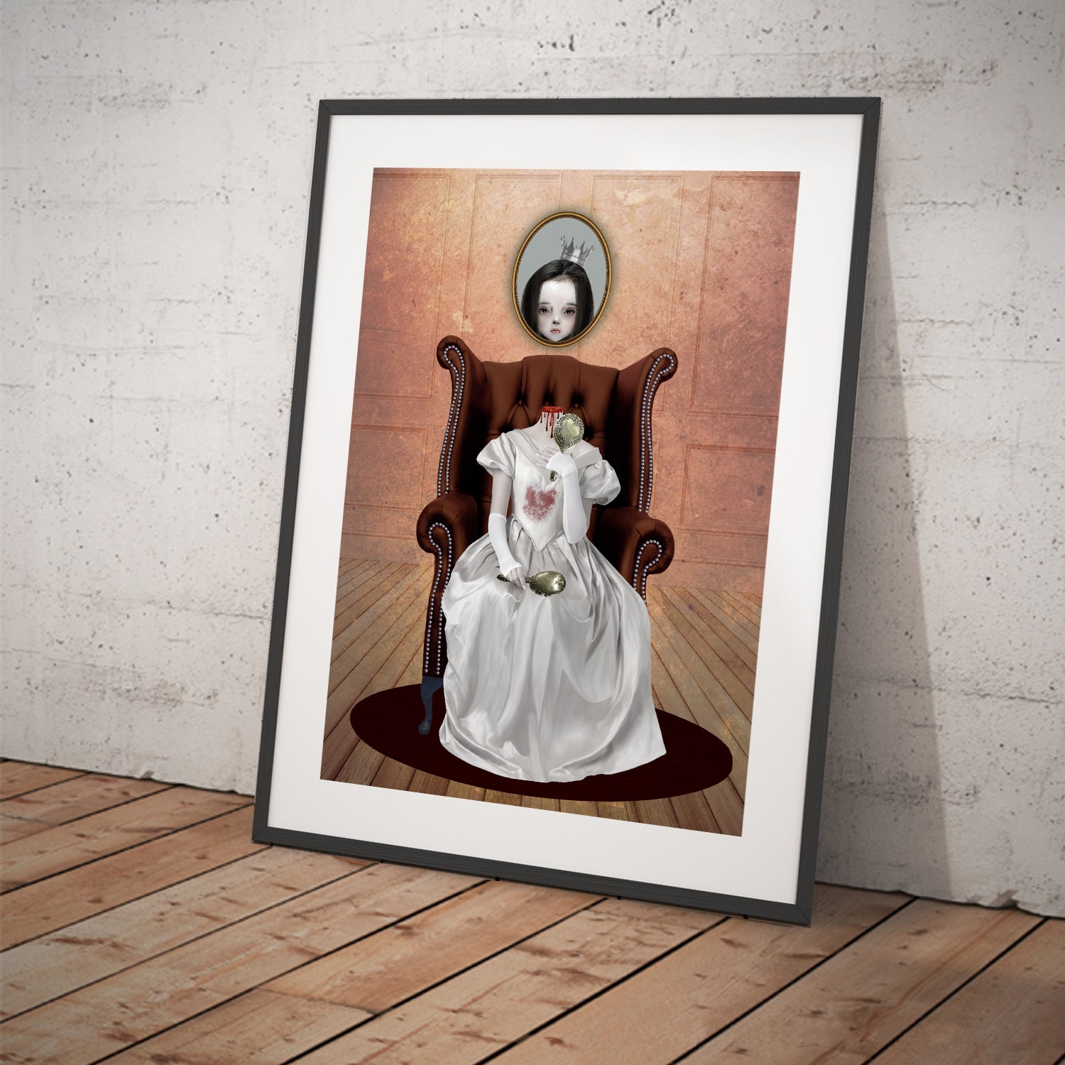 Gothic wall art. This haunting piece features a headless lady, gripping a hand mirror, while her portrait looms above.