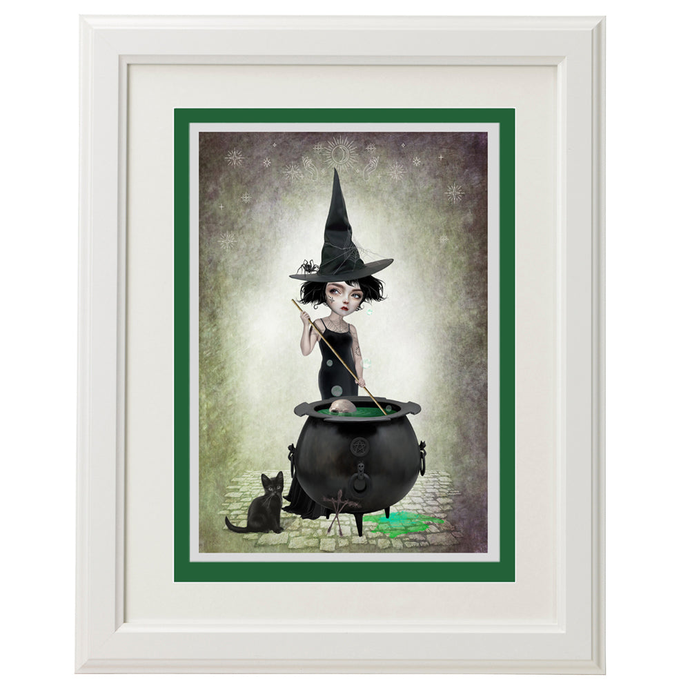 Witch and cauldron art greeting card, perfect for framing as home decor.