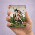 ACEO miniature art card featuring a girl in a sage green hair bow sitting in an armchair inside a mossy lily pond with frogs and dragonflies