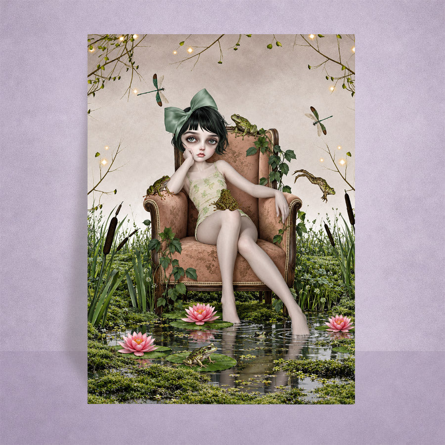 ACEO miniature art card on a lilac background featuring a girl in a sage green hair bow sitting in an armchair inside a mossy lily pond with frogs and dragonflies