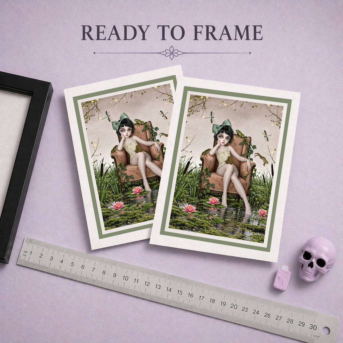 Ready To Frame cottagecore greeting card featuring a girl in an armchair inside a frog pond with water lilies, displayed on a lavender backdrop.