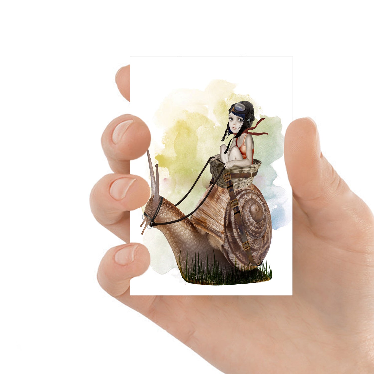 Pop surrealism ACEO, Image is a girl riding on the back of an oversized garden snail. 