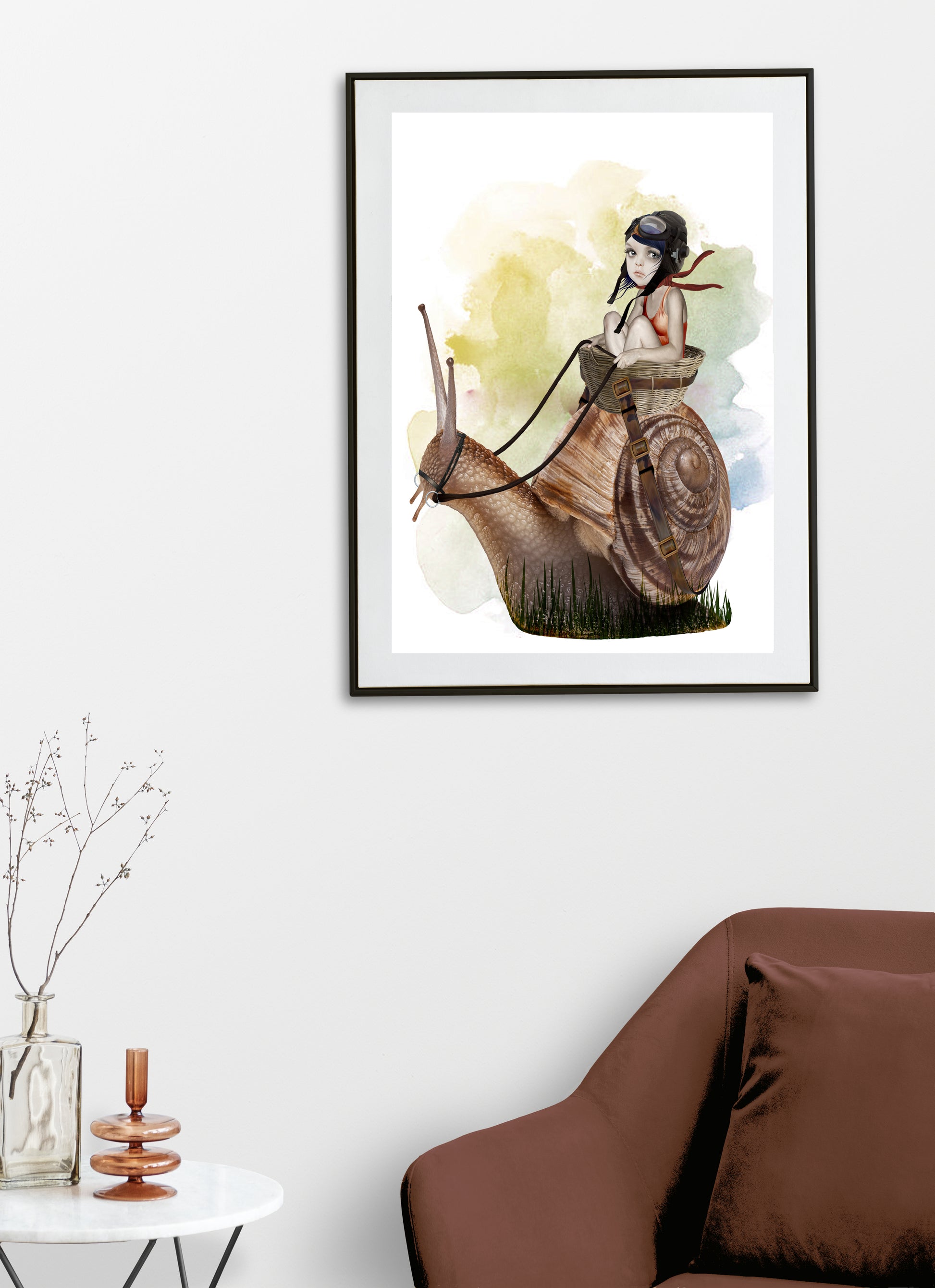 Surreal Garden Snail Art Print on living room wall. This whimsical wall decor features an oversized garden snail with a playful girl riding on its back.