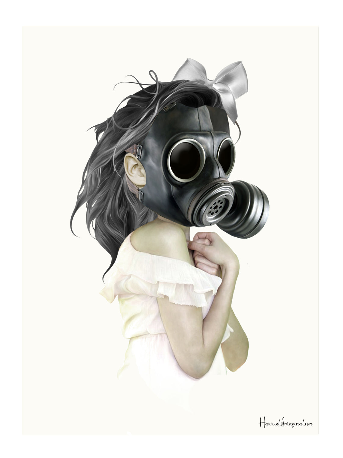 Gas mask wall art print features a girl clad in white donning a gas mask.
