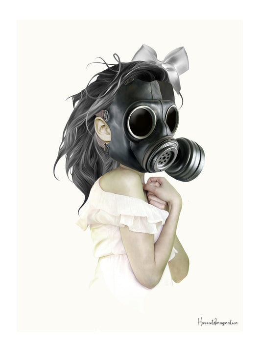 Gas mask wall art print features a girl clad in white donning a gas mask.