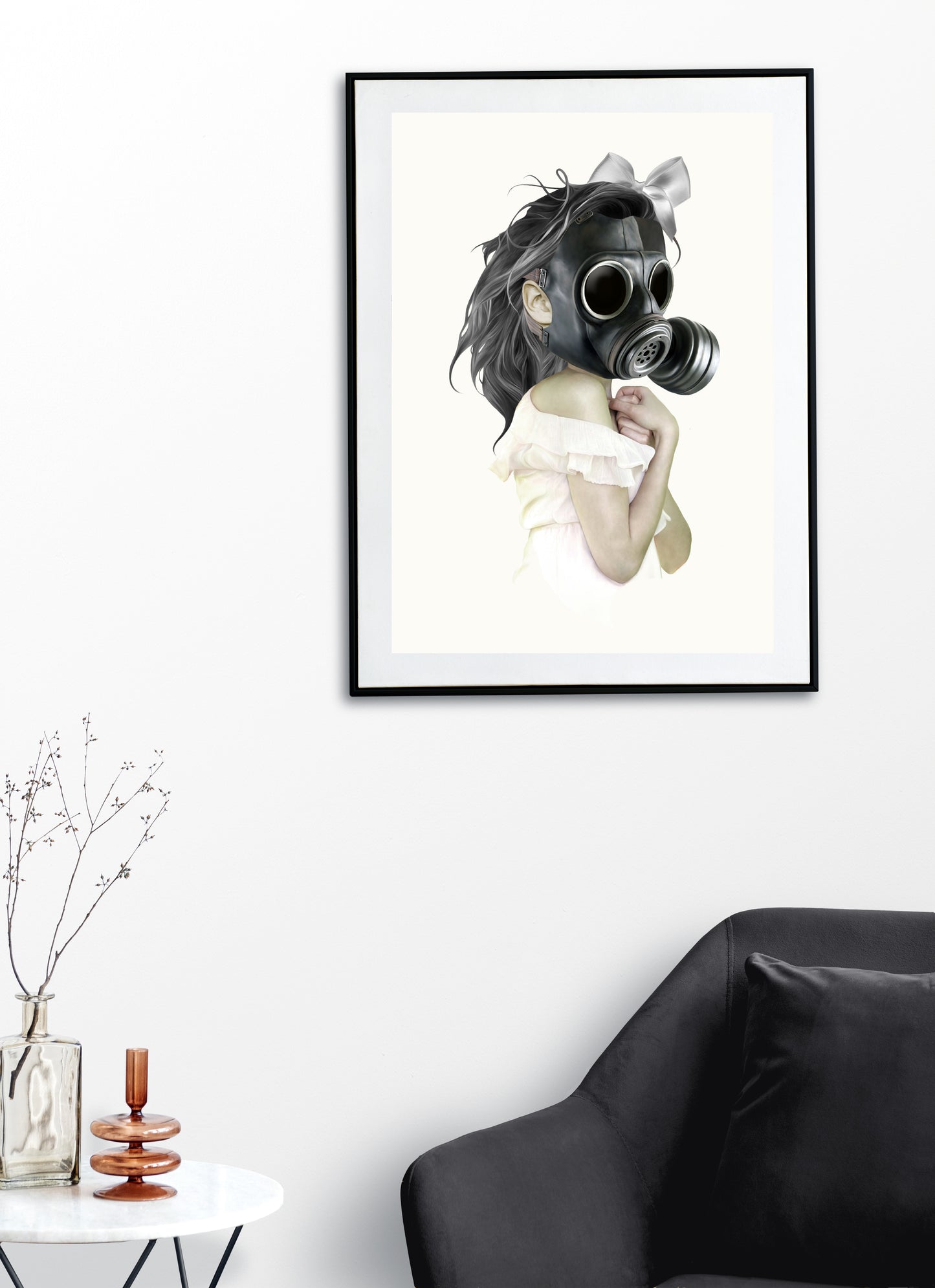 Gas mask wall art print features a girl clad in white donning a gas mask, framed display on living room wall.