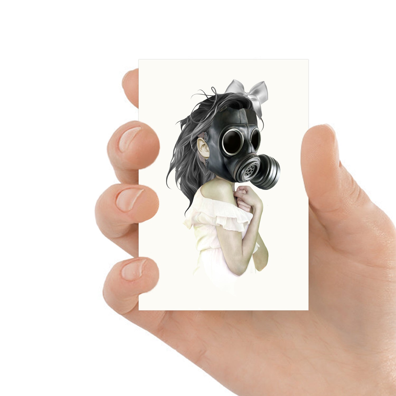 Apocalyptic ACEO Card. With a portrait of a girl wearing a gas mask.