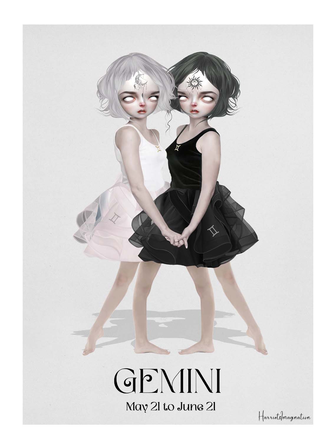 Star sign art print featuring twins representing Gemini, displayed without a frame.