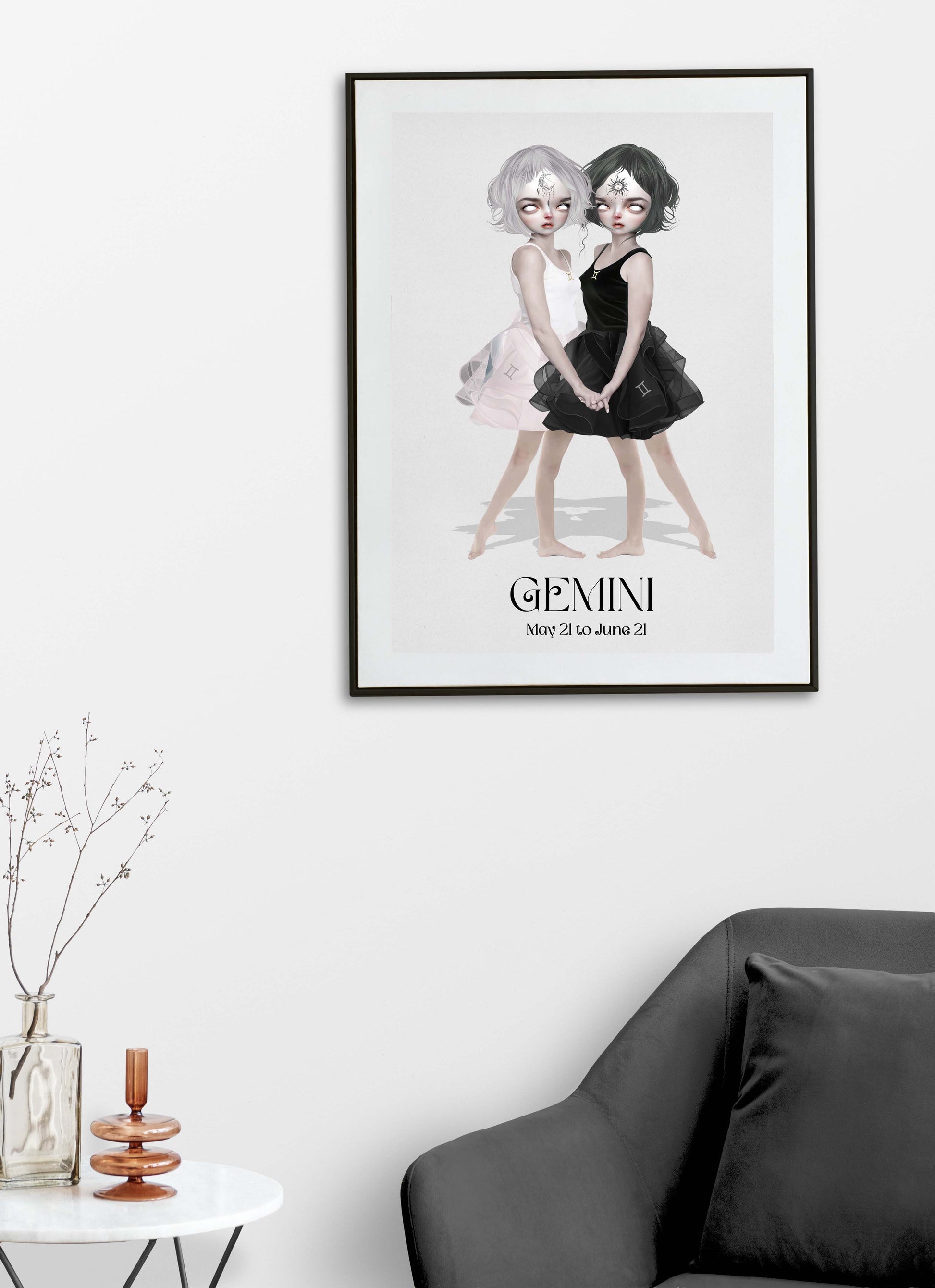 Gemini Twins art print hanging on the wall of a modern living room. Perfect for adding a astrological touch to your home decor.