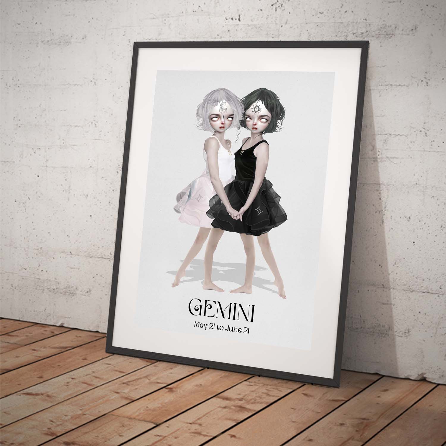 Star sign art print featuring twins representing Gemini. Displayed in a tilted frame for a stylish presentation. Perfect for astrology-themed decor.