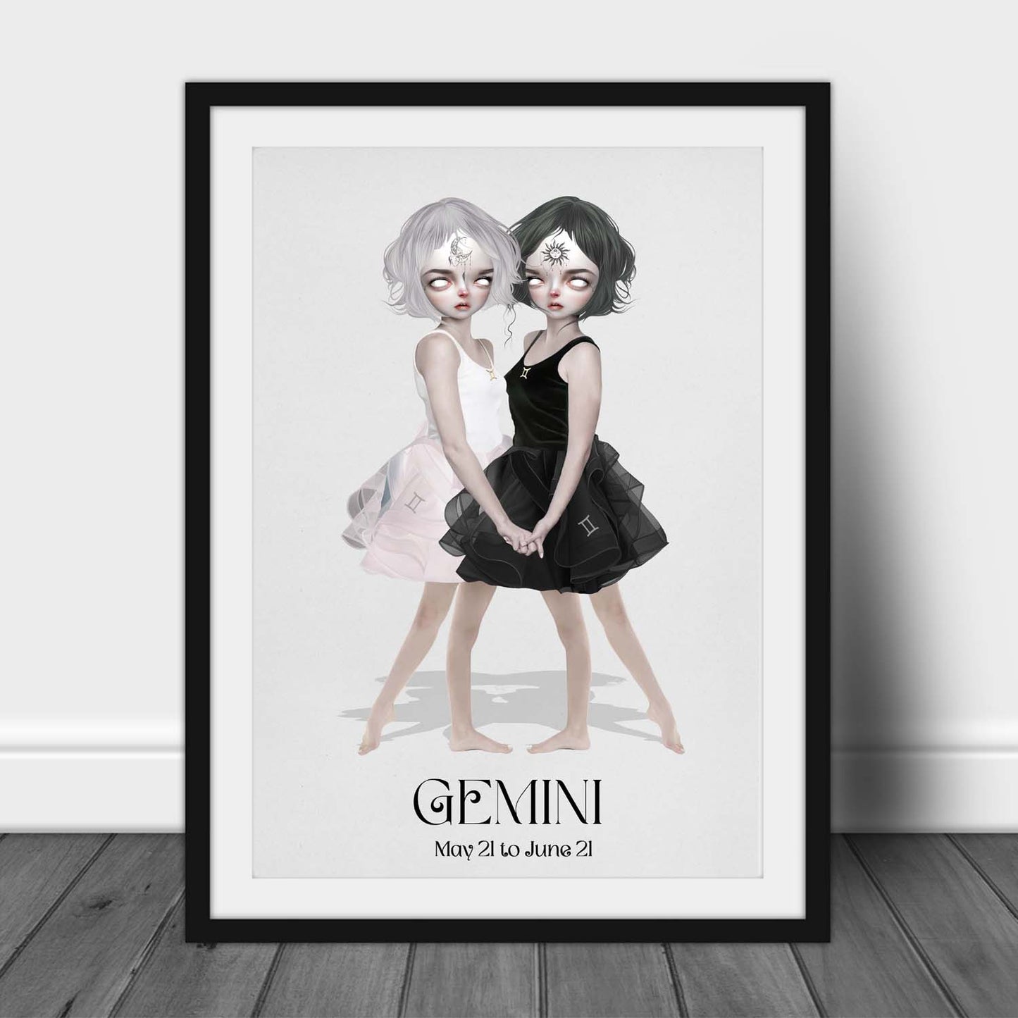 Star sign art print of twins representing Gemini, leaning against a wall, creating a gothic and eerie atmosphere with dark and surreal elements