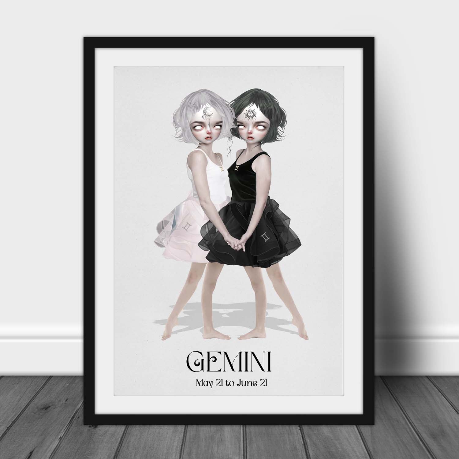 Star sign art print of twins representing Gemini, leaning against a wall, creating a gothic and eerie atmosphere with dark and surreal elements