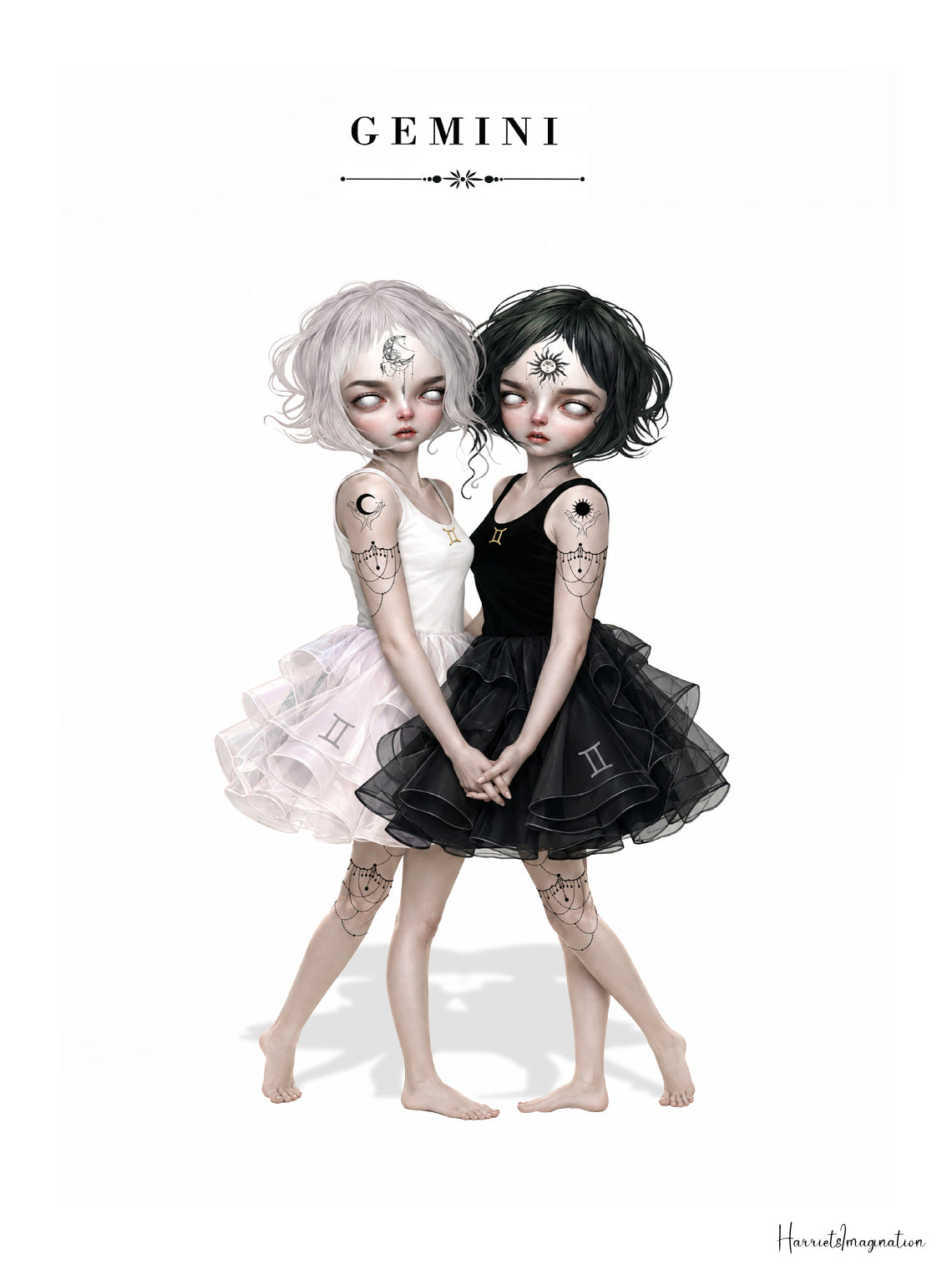 illustration of twin maidens holding hands—one with white hair in a light dress and one with black hair in a dark dress.