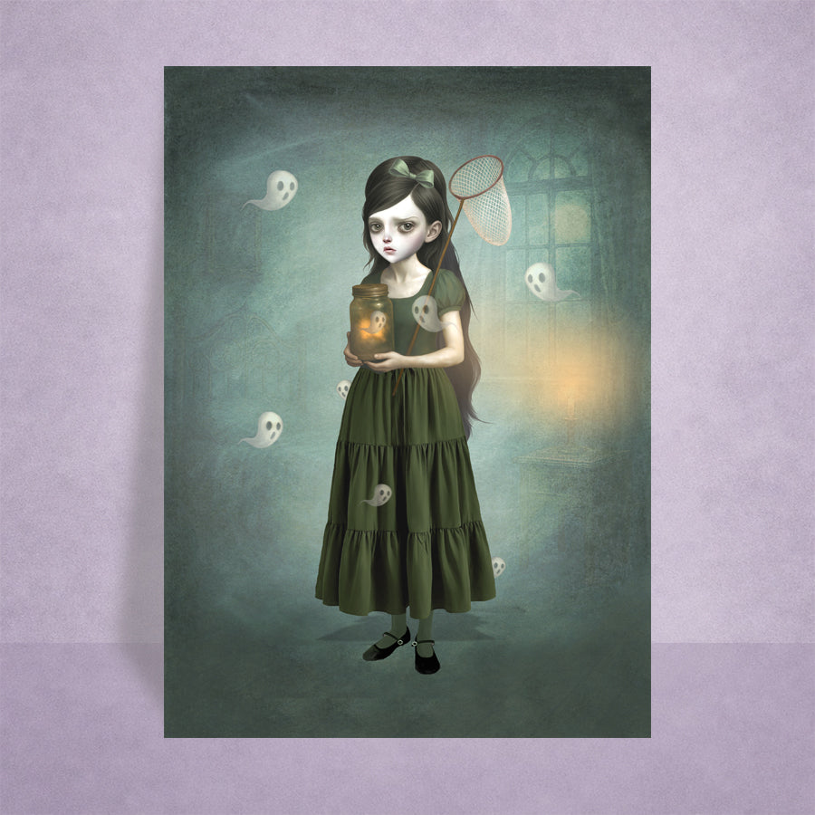 a spooky cute ACEO art card Featuring a girl catching ghosts. Displayed on a lilac background.