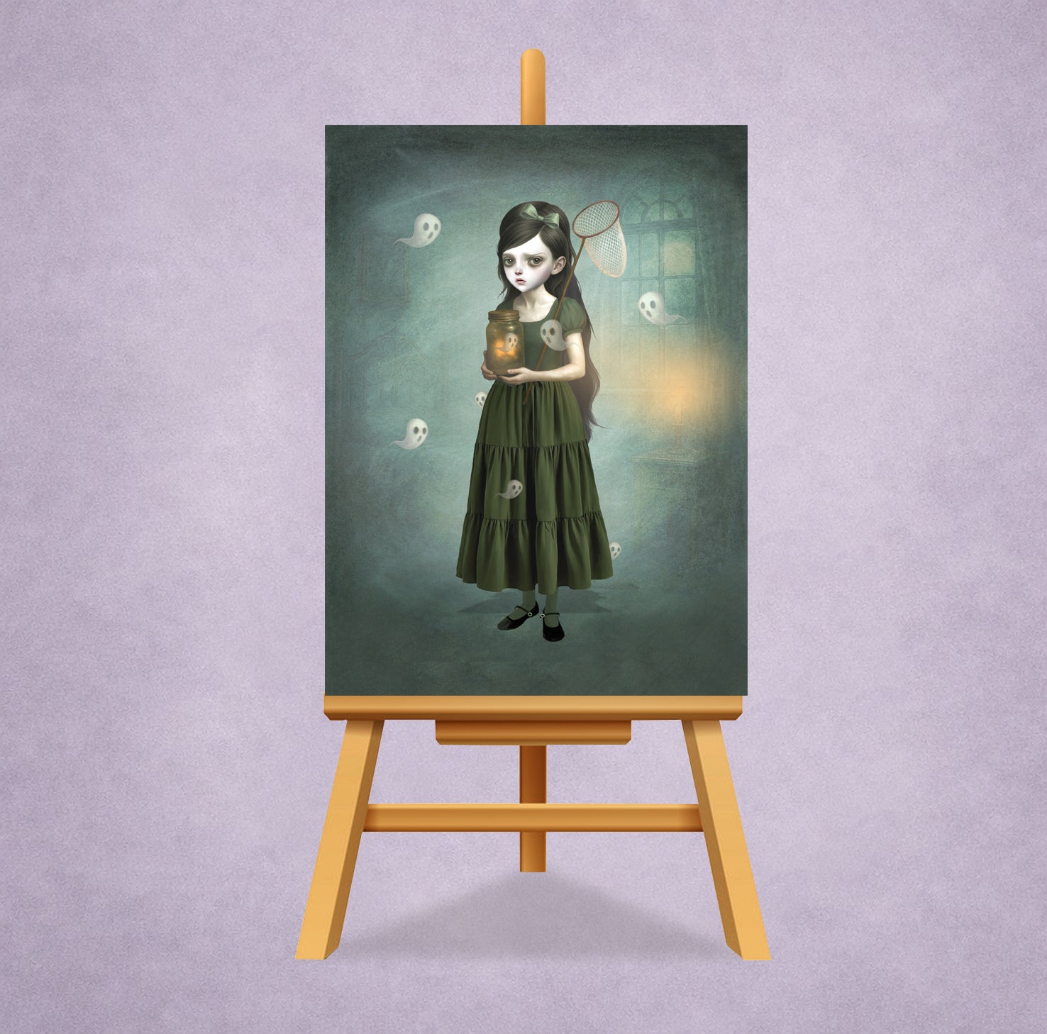 A spooky cute ACEO art card on a small easel display stand Features a girl catching ghosts—perfect for miniature whimsical gothic decor.