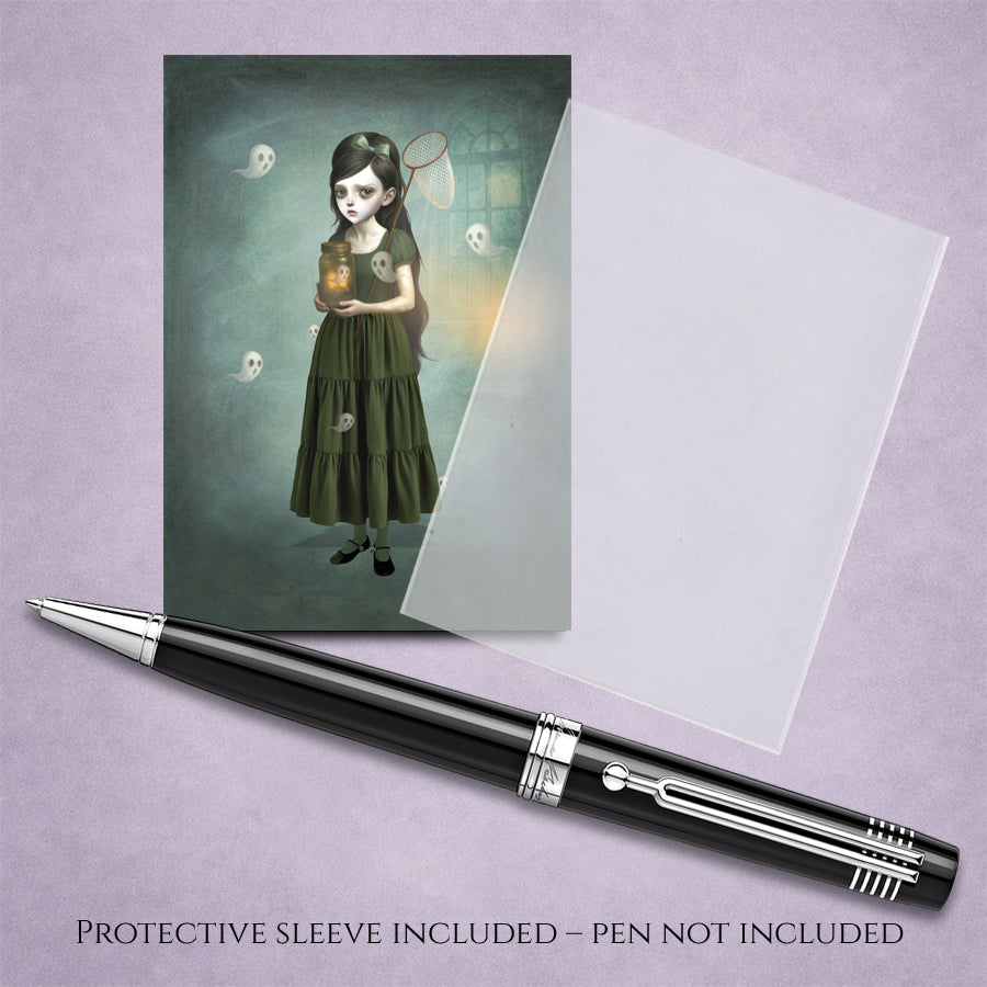 a spooky cute ACEO art card print. Features a girl catching ghosts comes with clear sleeve, display with pen to show size.
