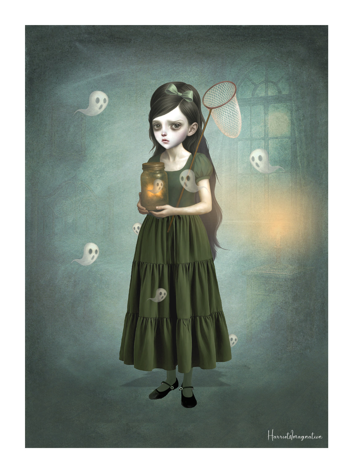Illustration of a girl in a green dress holding a jar with a ghost inside, surrounded by ghostly figures.