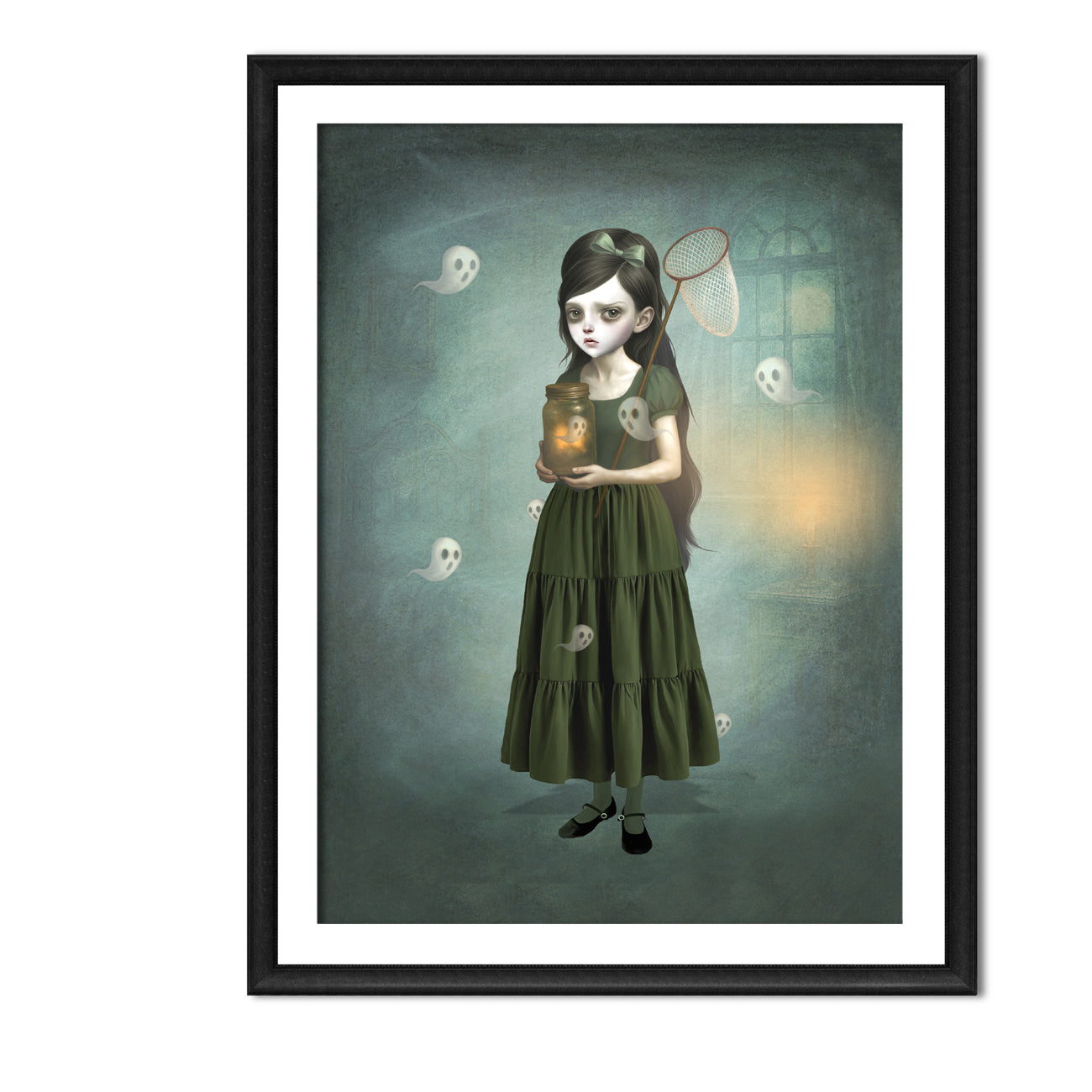 Framed artwork of a girl surrounded by tiny ghosts and jar to catch them