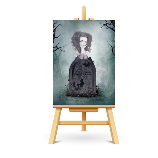 Ghost girl in graveyard ACEO art displayed on a stand. Creepy cute miniature art print showcasing gothic style.