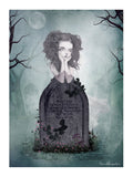 Artistic depiction of a ghost girl at a tombstone with a moonlit sky and trees in the background.