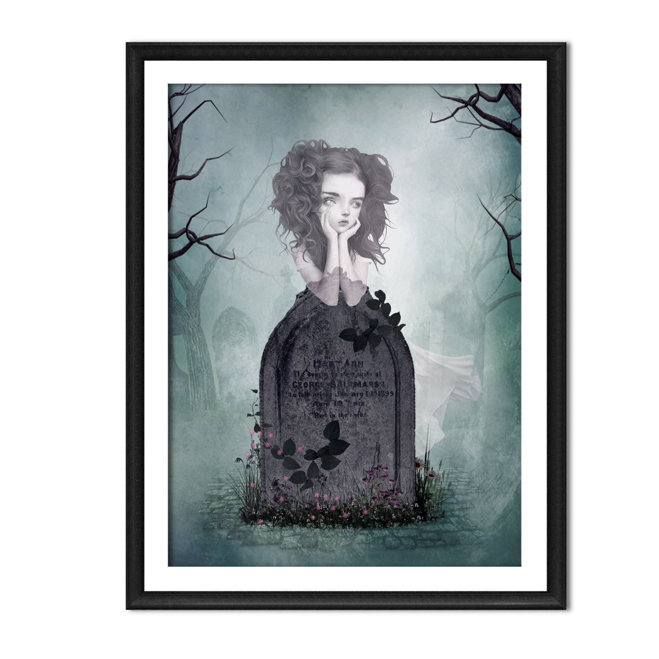 Framed artwork of a ghost girl by a grave stone in a forest setting