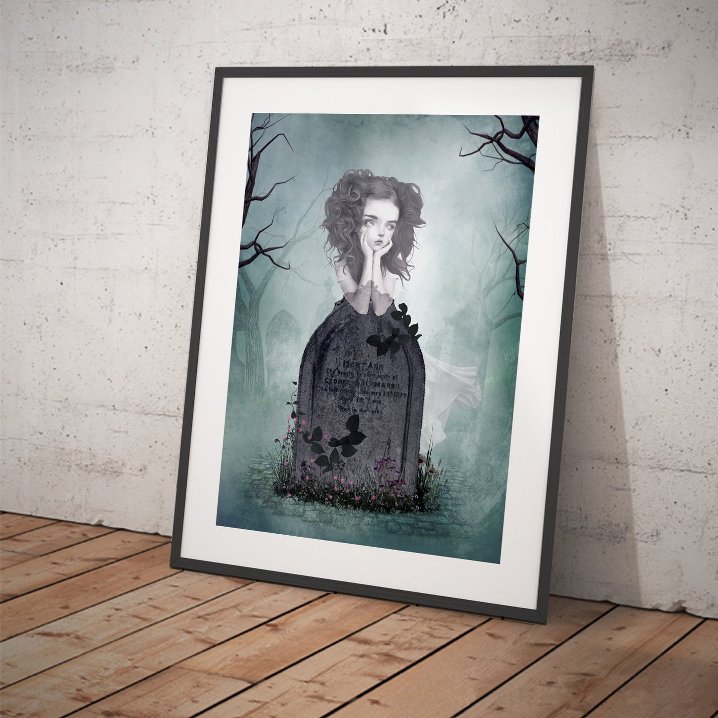 Art print featuring a ghost girl. Displayed in a tilted frame for a stylish presentation. Perfect for creepy cute or gothic-themed decor. 