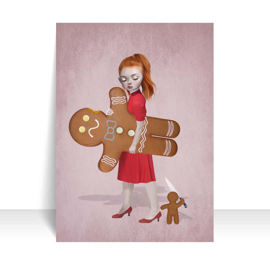 Close-up of Gingerbread Man ACEO art card against a white background, highlighting its intricate quirky details.