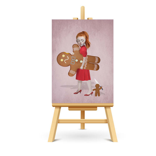 Gingerbread Man ACEO art displayed on a stand. Quirky miniature art print showcasing Whimsical style.