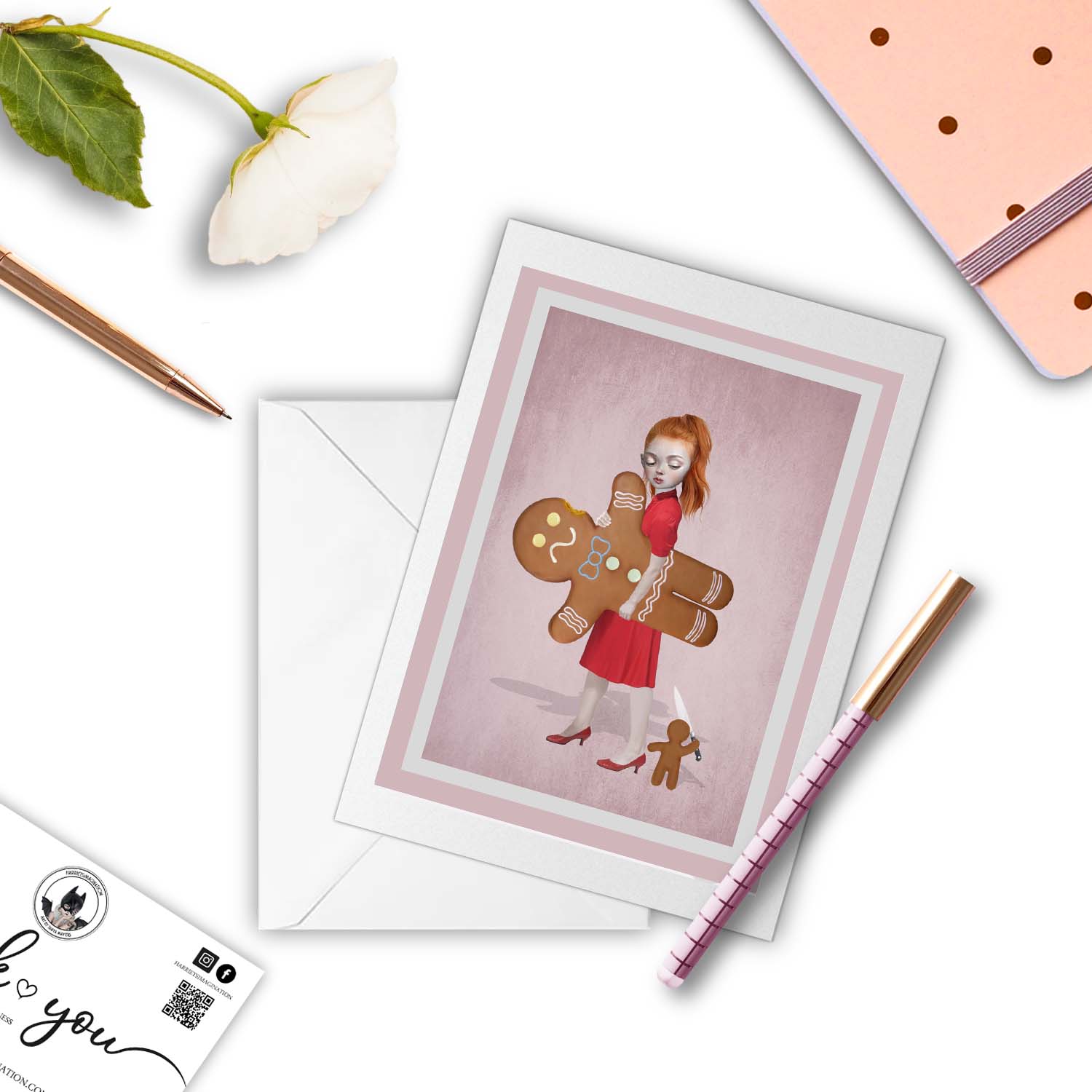 Gingerbread Man greeting card beside a notebook and pen – perfect for gifting or writing a quirky, poetic note.