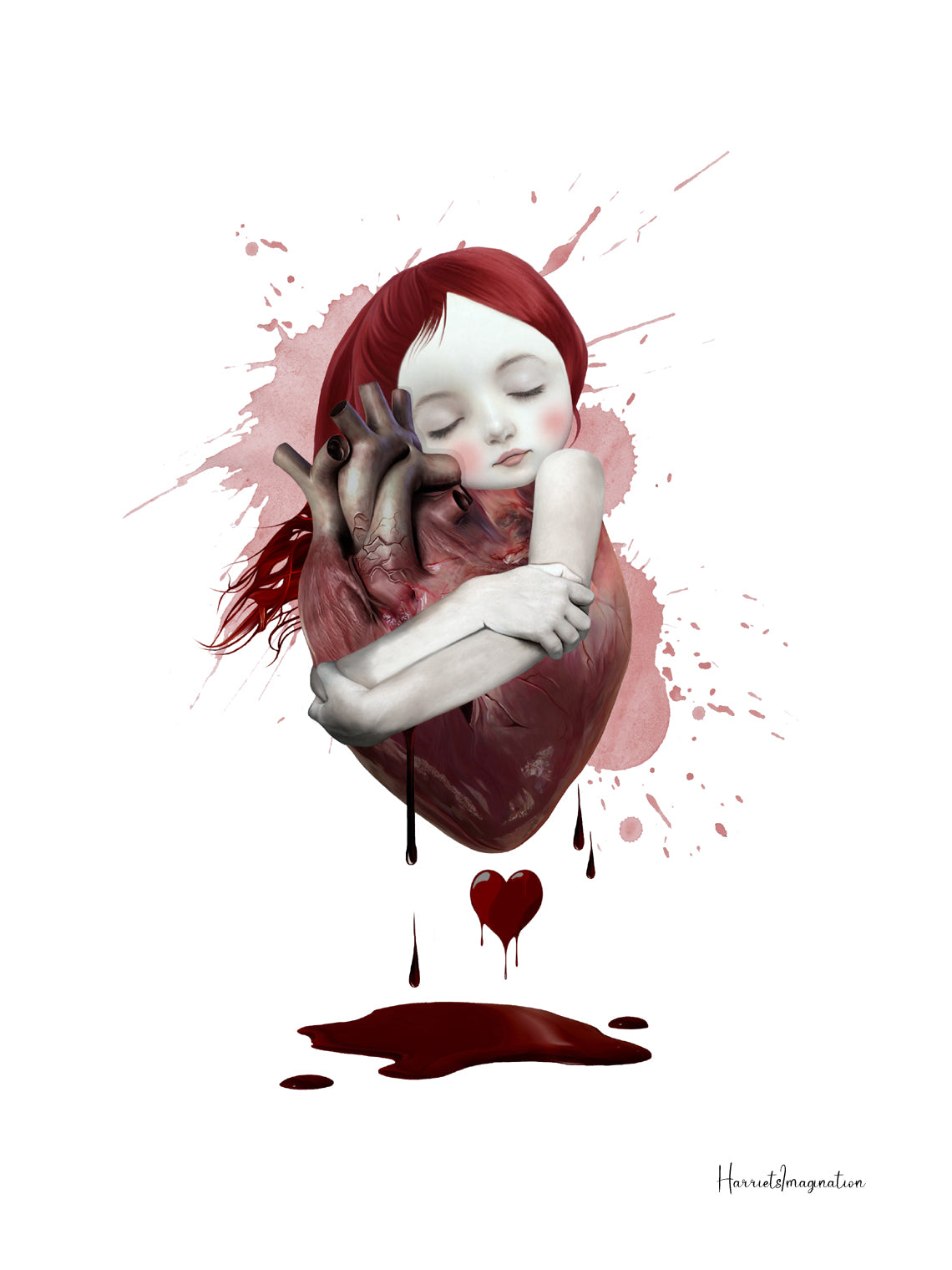 Artistic illustration of a girl embracing anatomical heart with red hair and closed eyes, on a white background.