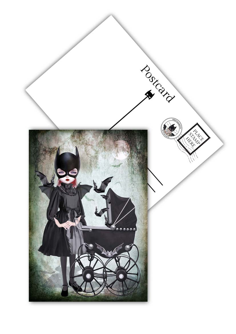 Girl and birds postcard showing front whimsical gothic design and matte back for writing messages
